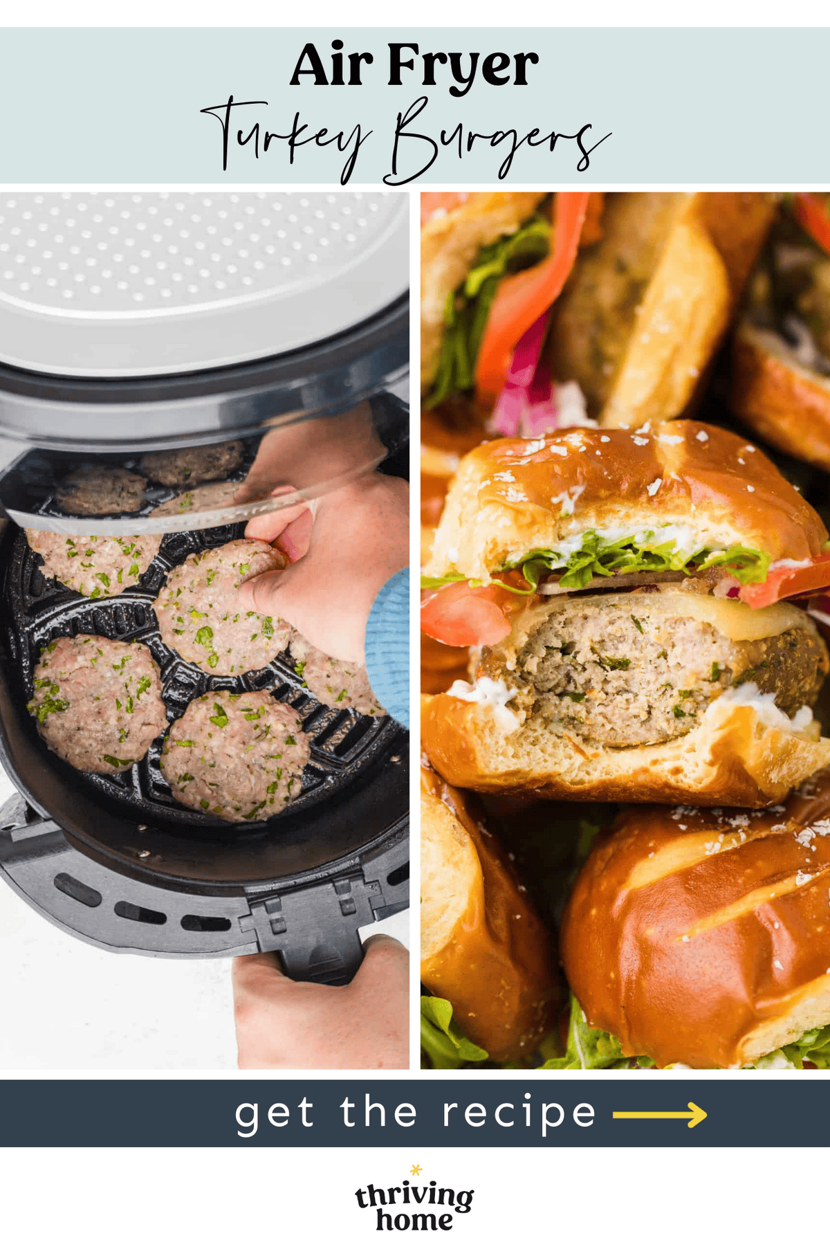 Two photos - the left with turkey burgers in an air fryer basket and the right with a turkey burger on a bun with fixings.