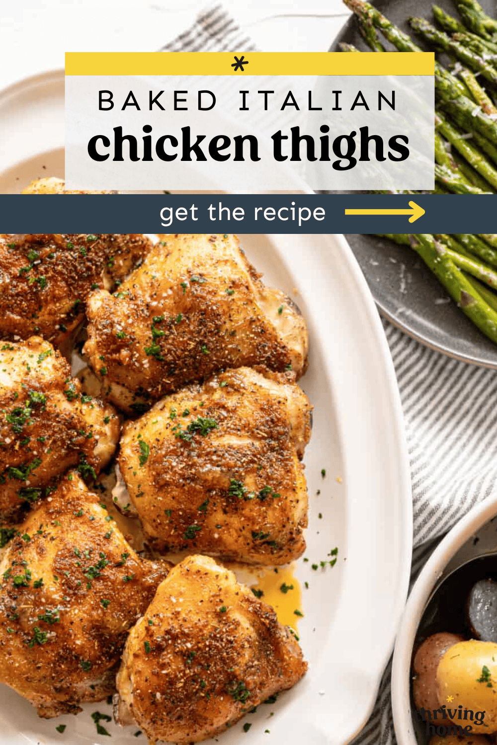 Italian chicken thighs on a white platter to serve.