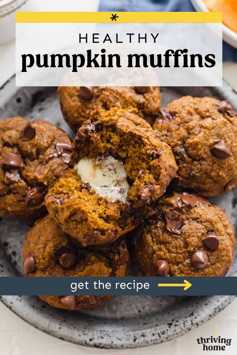 a plate of whole wheat pumpkin muffins with chocolate chips.