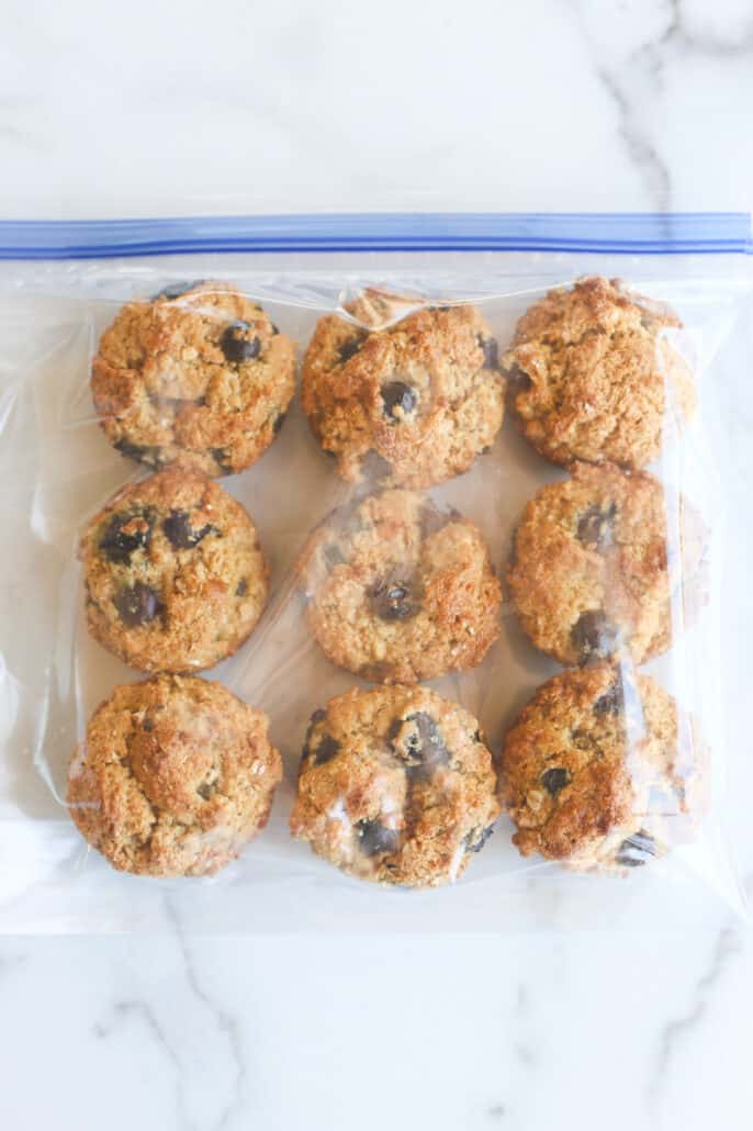 Blueberry Oatmeal Muffins in a freezer bag.