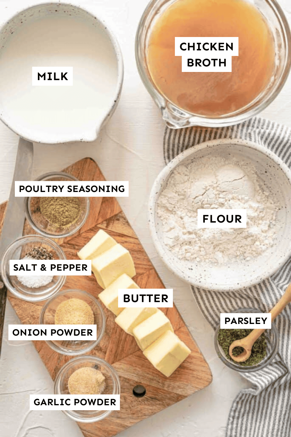 Ingredients for Cream of Chicken Soup measured out and labeled.