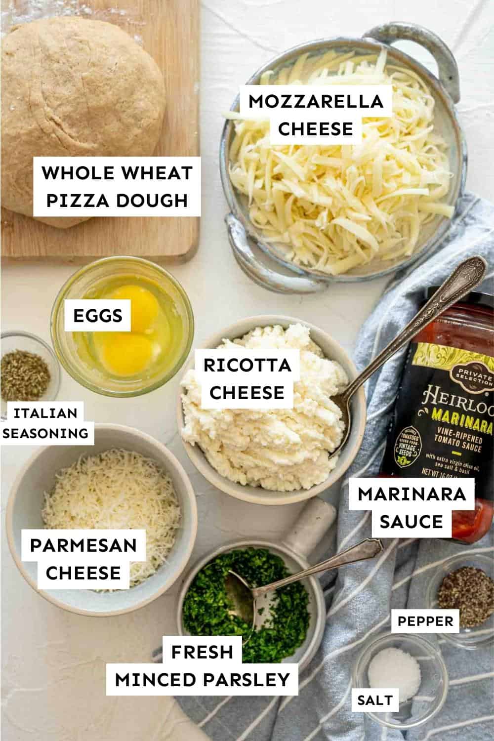 Ingredients pictured for Cheese Calzones