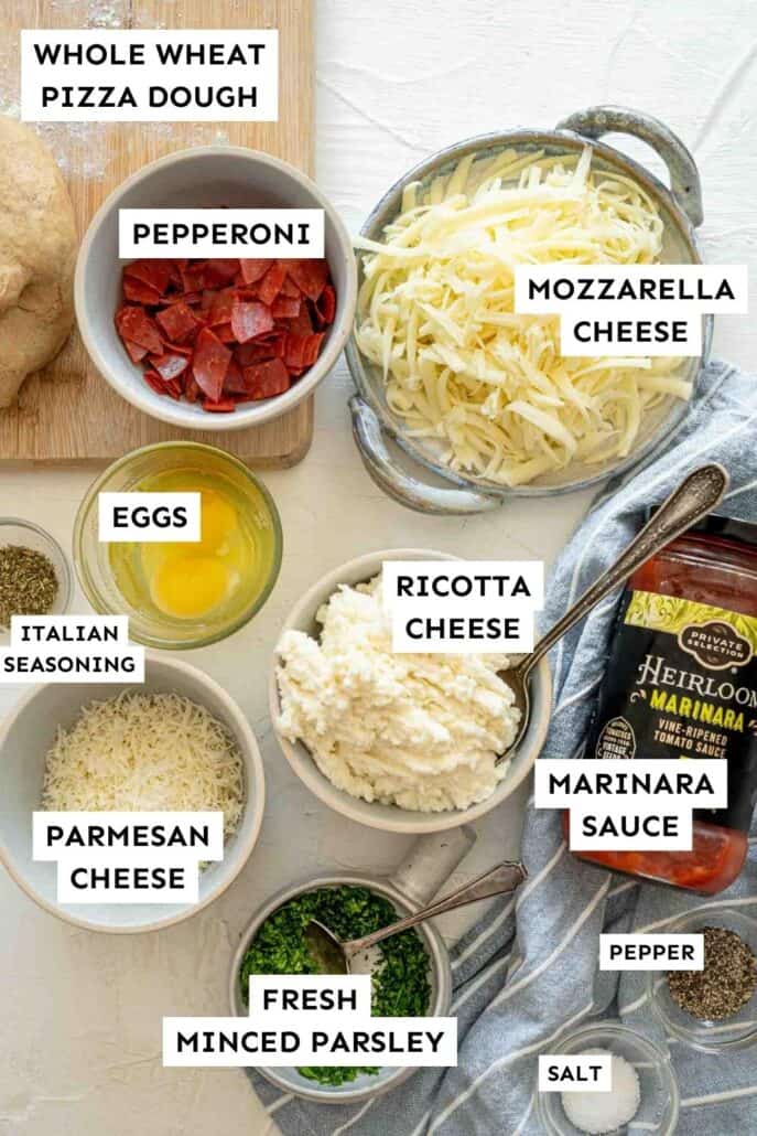 Ingredients pictured for Pepperoni Calzones
