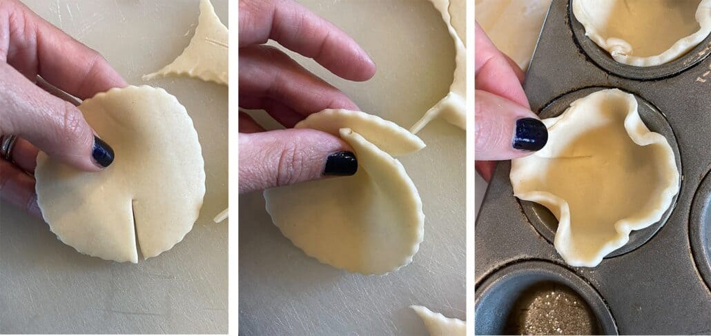 Collage of three pictures showing a small circle piece of pie crust first with a slit cut into it, then with the pieces where the slit is overlapping, and then pushed into a mini muffin tin.