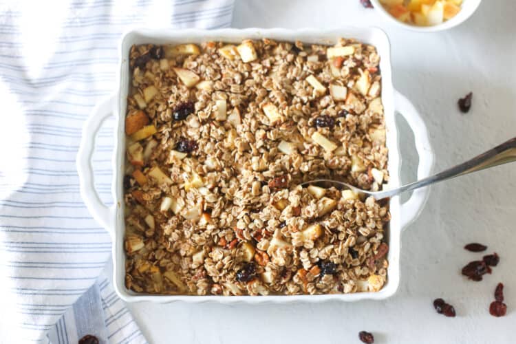 Baked Oatmeal in a square white casserole dish.