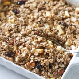 Mixed fruit baked oatmeal in a white dish