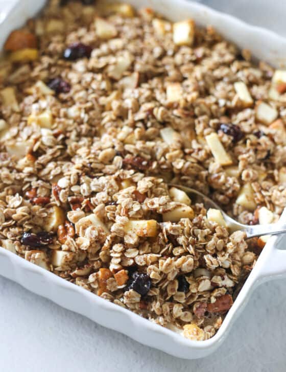 Mixed fruit baked oatmeal in a white dish