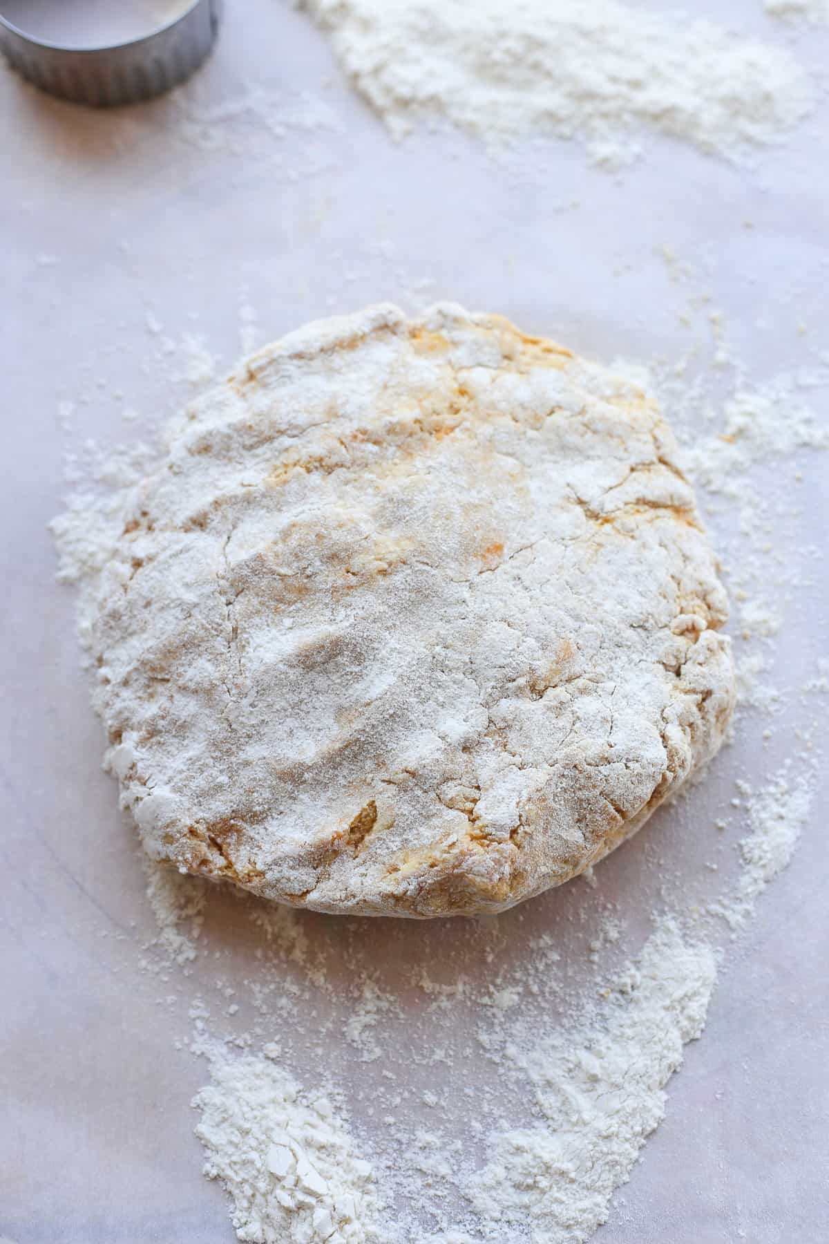 Mound of sweet potato biscuit dough before rolling.