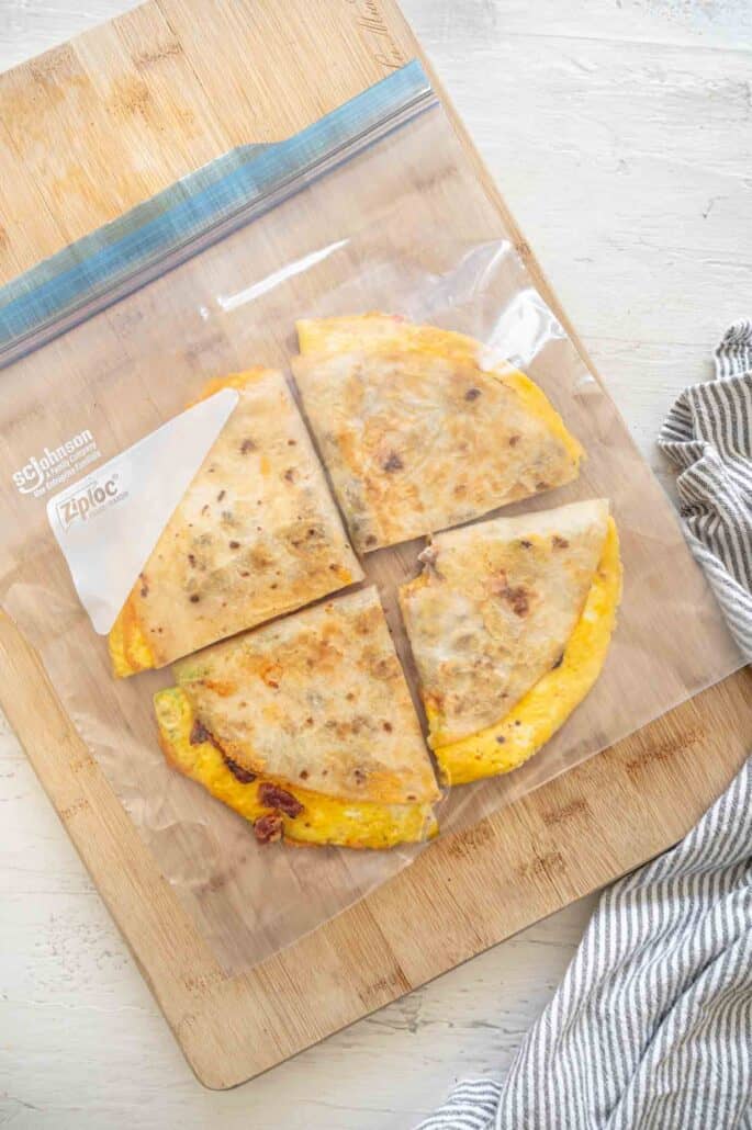 Breakfast Quesadilla cut and placed in freezer bag