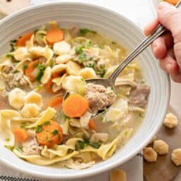 Bowl of Chicken Noodle Soup with spoon of soup above it