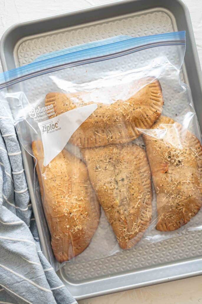 Baked Calzones in a freezer bag.