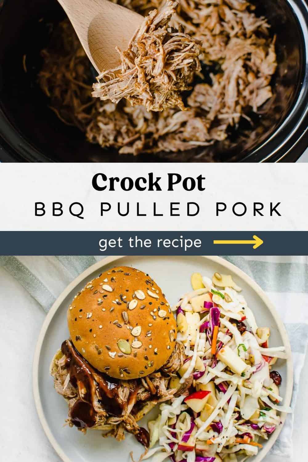 shredded pulled pork in a crock pot and bbq pulled pork on a bun with bbq sauce.