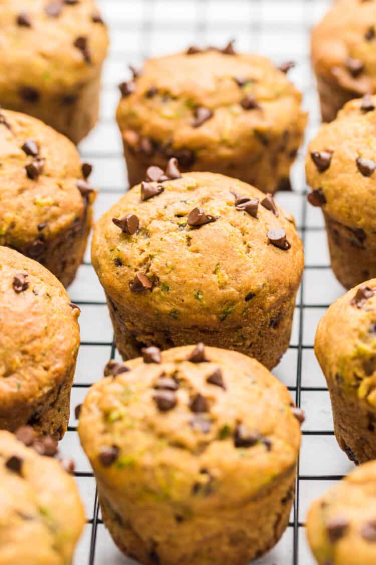 Chocolate Chip Zucchini Muffins on cooling rack