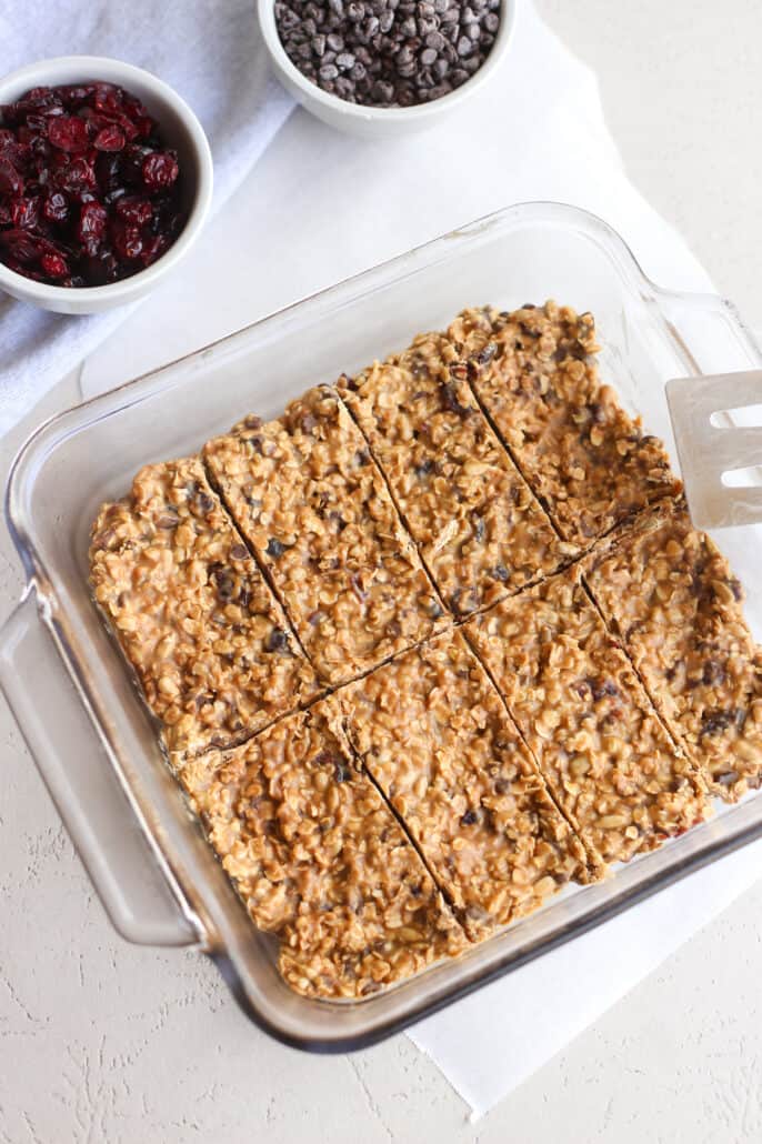 peanut butter protein bars in a glass dish