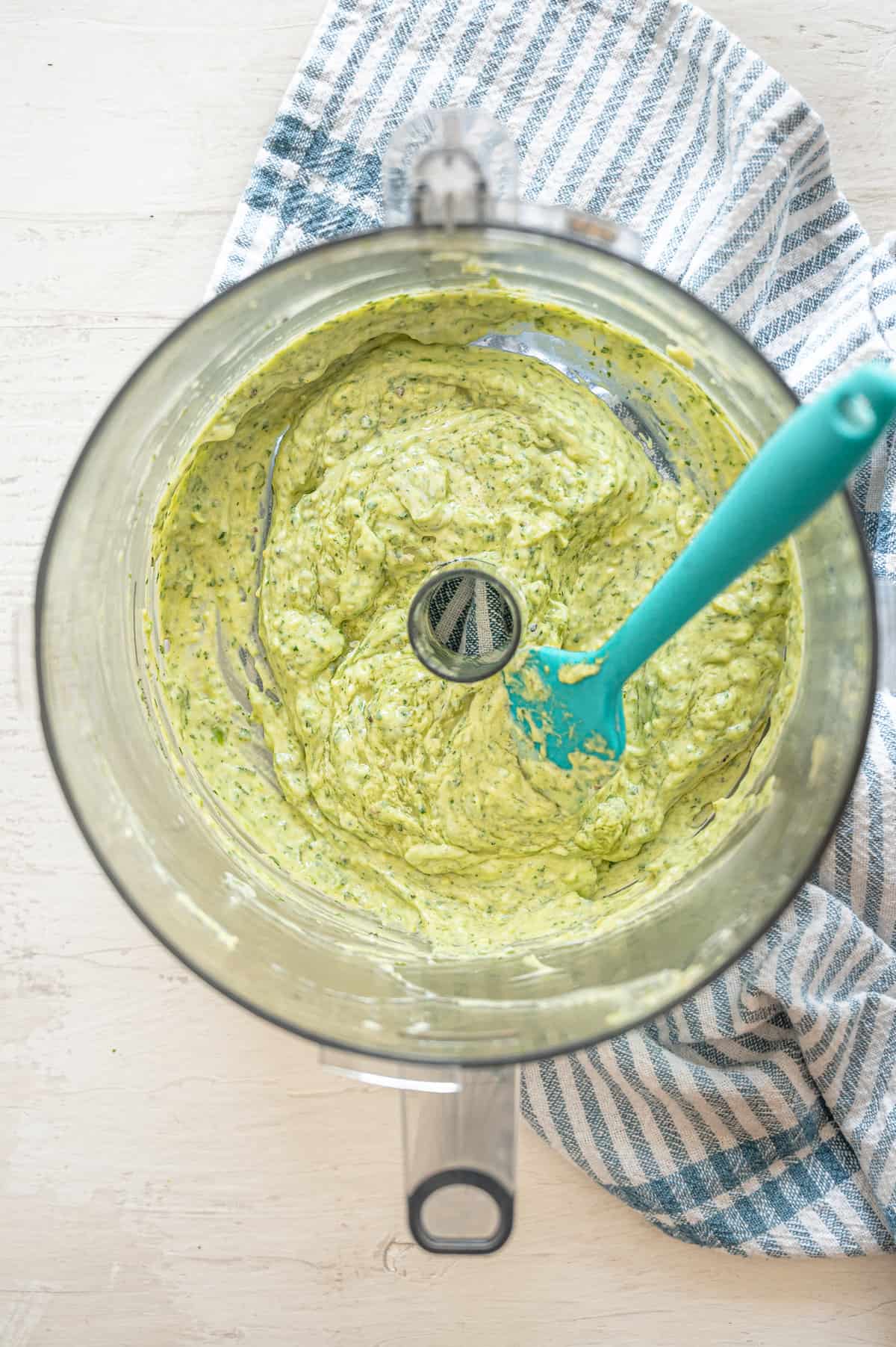 Cilantro Lime Aioli in food processor after being blended.