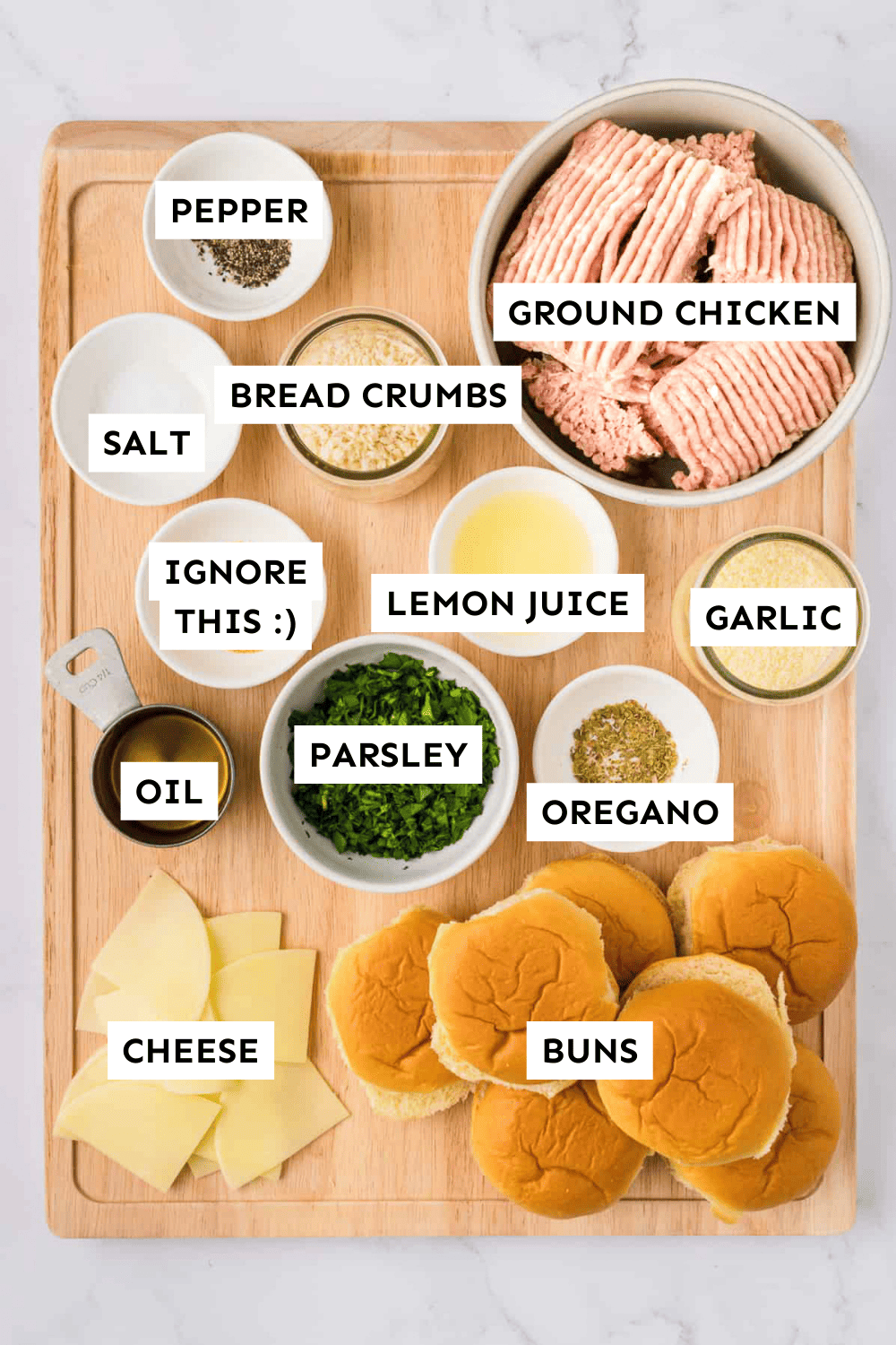 Chicken burger ingredients with labels. 