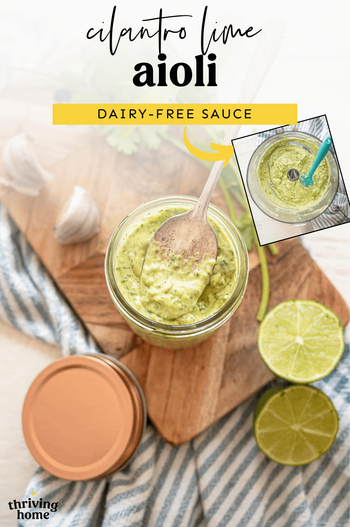 Cilantro lime aioli in a small jar with a small spoon.