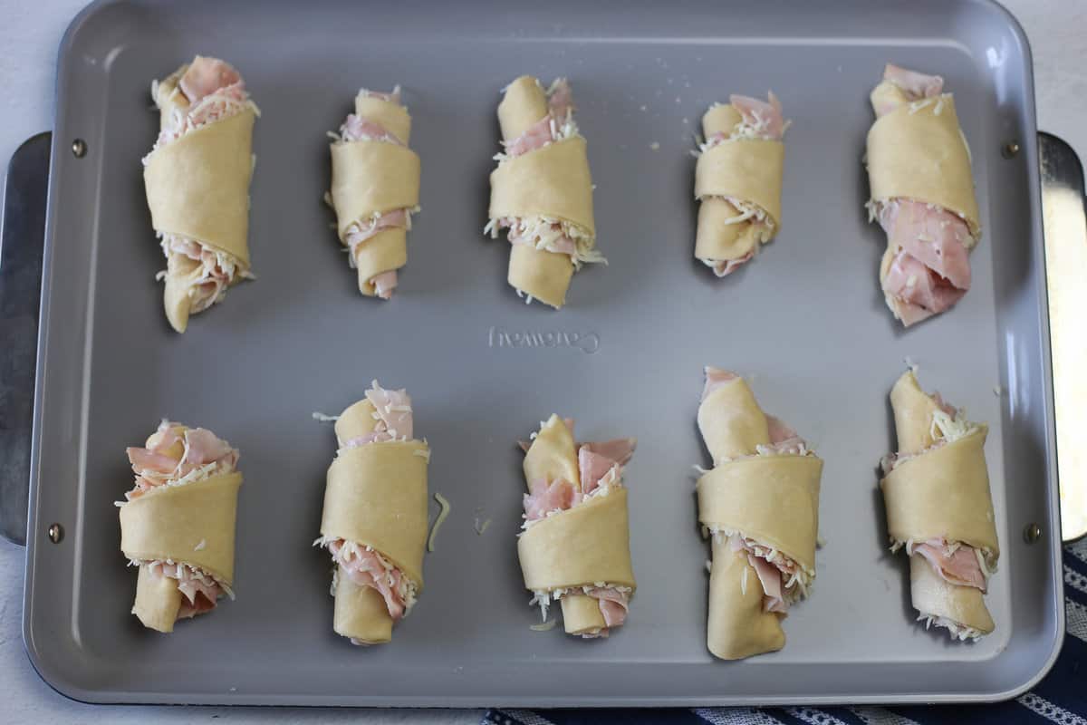 Ham and cheese crescent rolls prepped and ready for the oven.