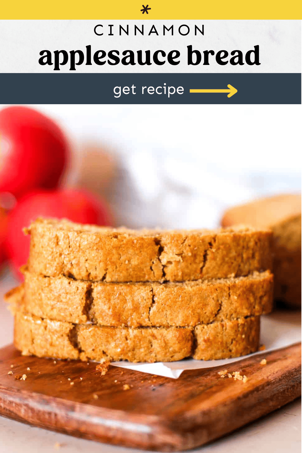 Three slices of applesauce bread stacked up on a plate.