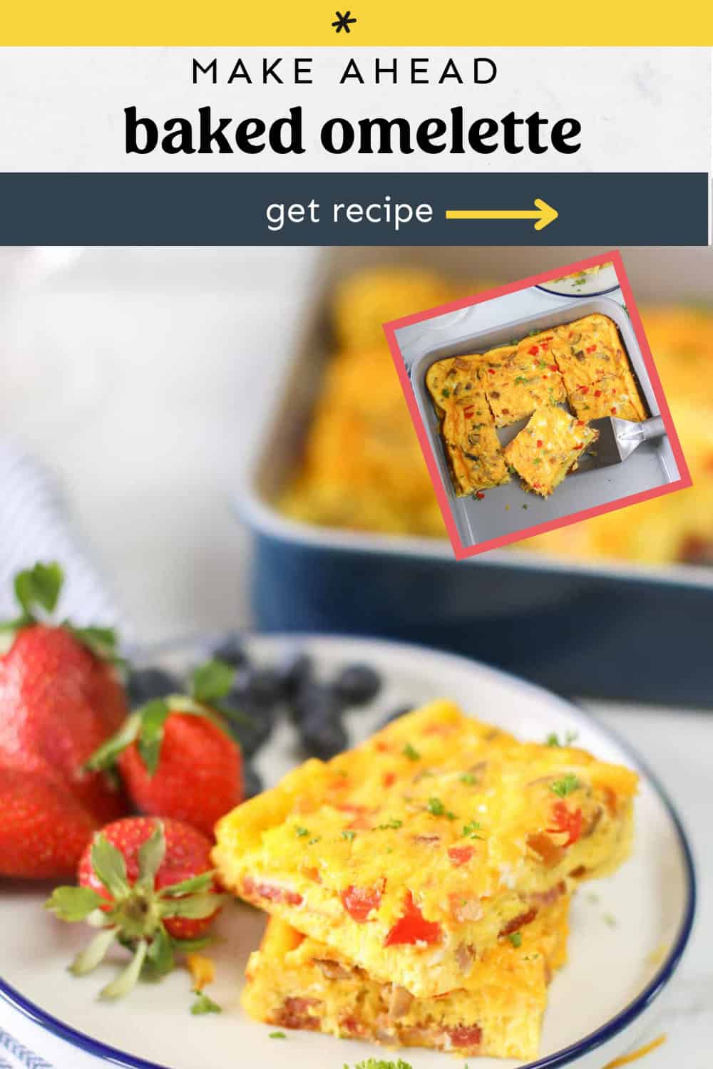 A serving of a baked omelette on a plate with fruit and an inset photo of the whole casserole.