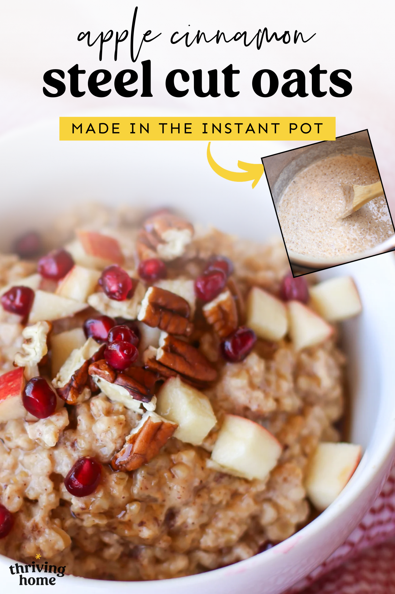 Steel cut oats in a bowl with chopped apples, toasted pecans, and pomegranate seeds.