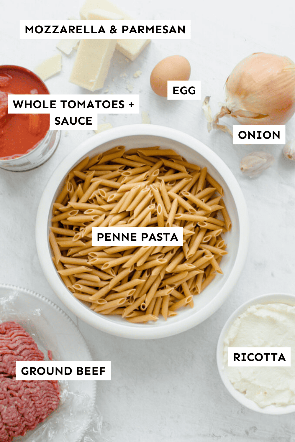 Ingredients for baked penne pasta labeled. 