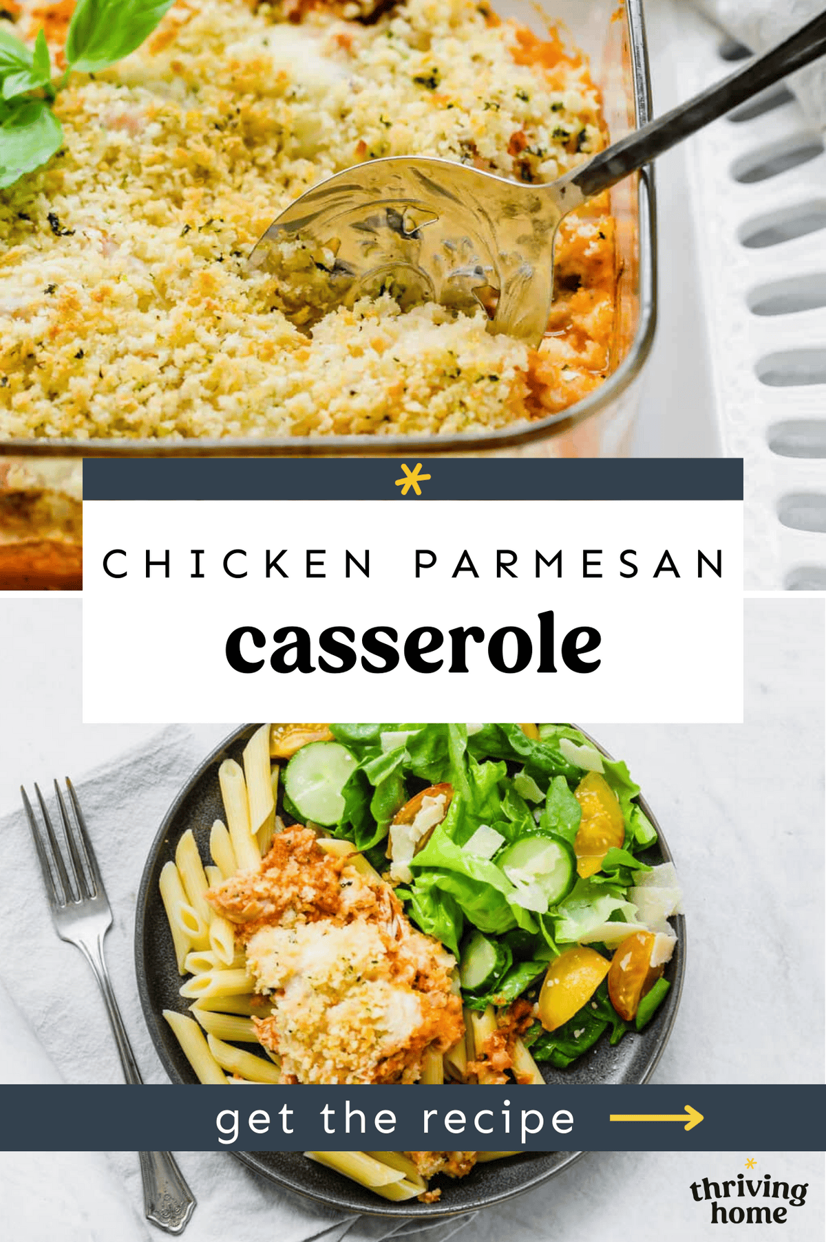 Photo of chicken Parmesan casserole in a baking dish with a second photo of a serving on a plate.