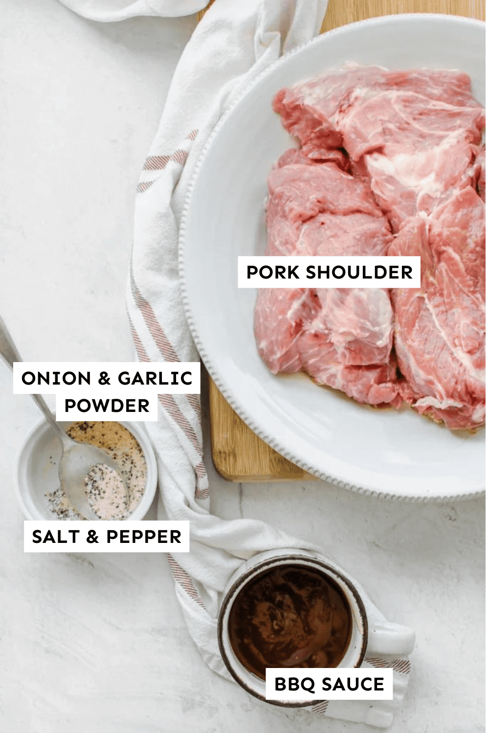 Pulled pork ingredients for the instant pot or slow cooker measured and labeled.