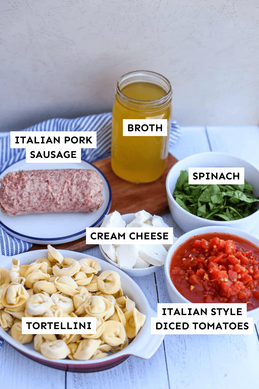 Labeled ingredients for sausage tortellini soup.