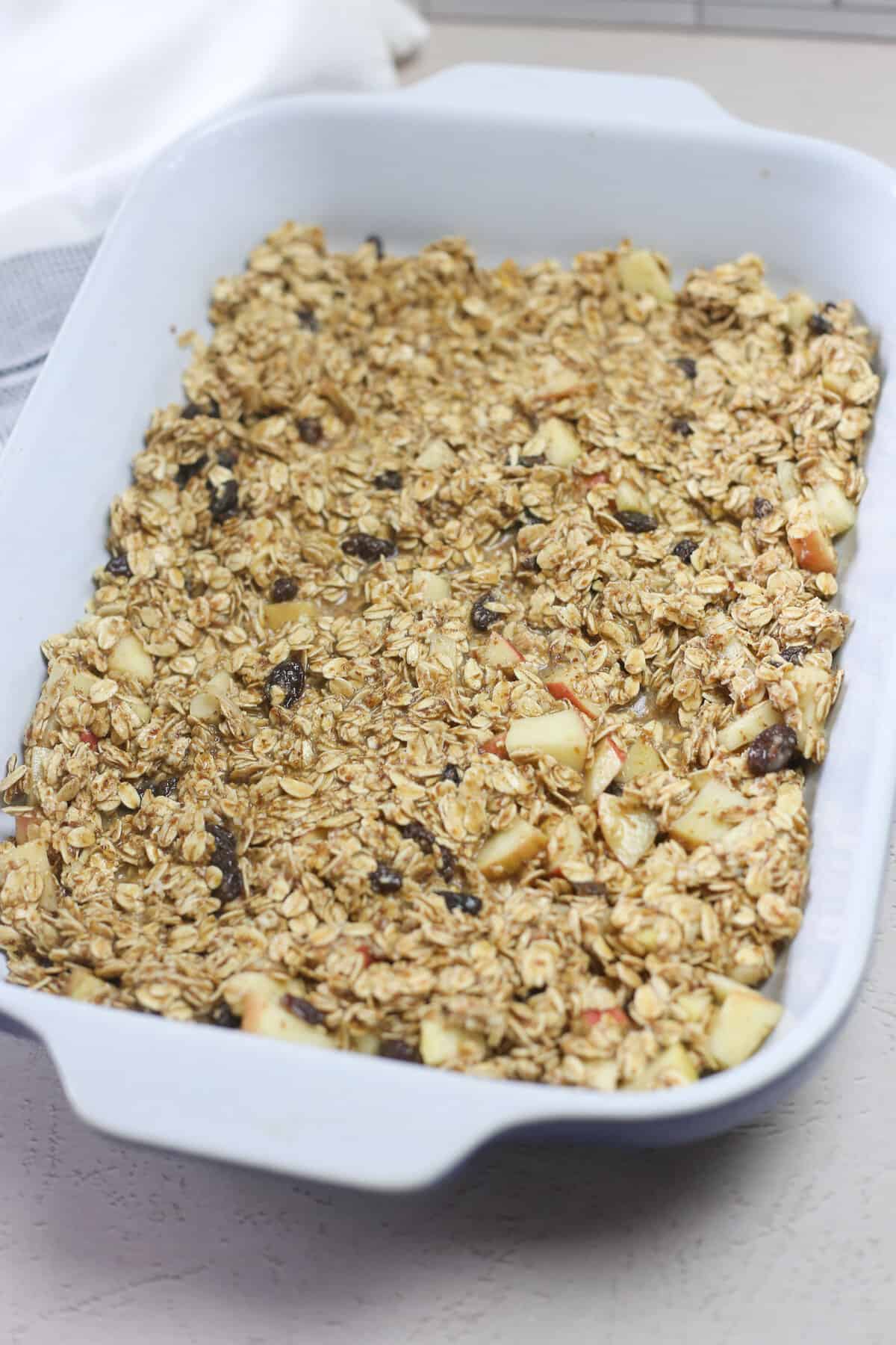 Baked oatmeal prepped for the oven. 