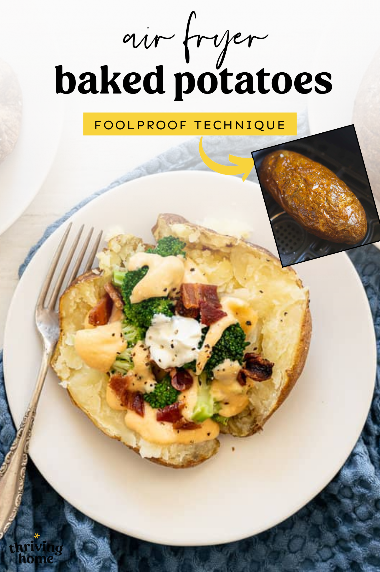 A baked potato on a plate with sour cream, bacon, and broccoli on it.