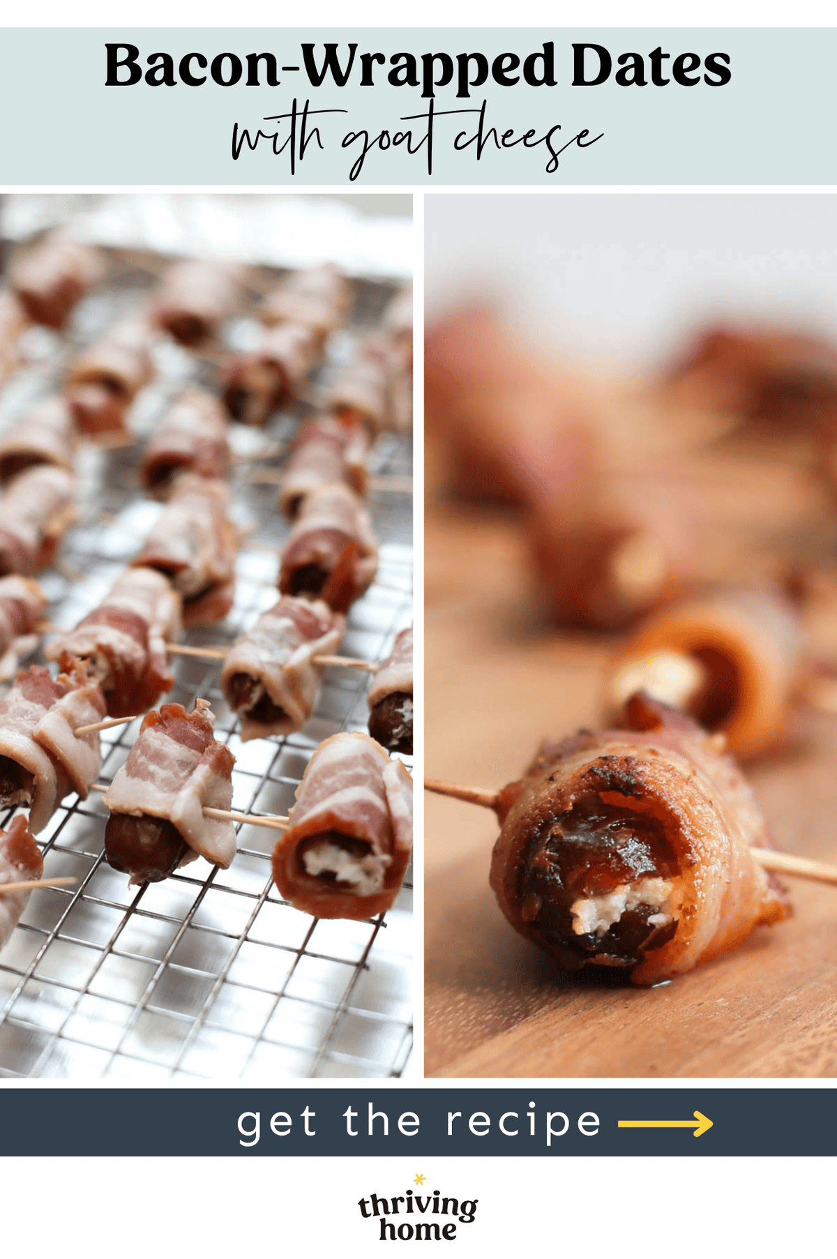Side by side photos of bacon-wrapped dates on  baking rack and then served on a platter.