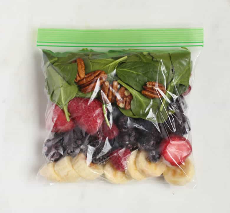 Freezer smoothie pack prepped for a berry smoothie. 