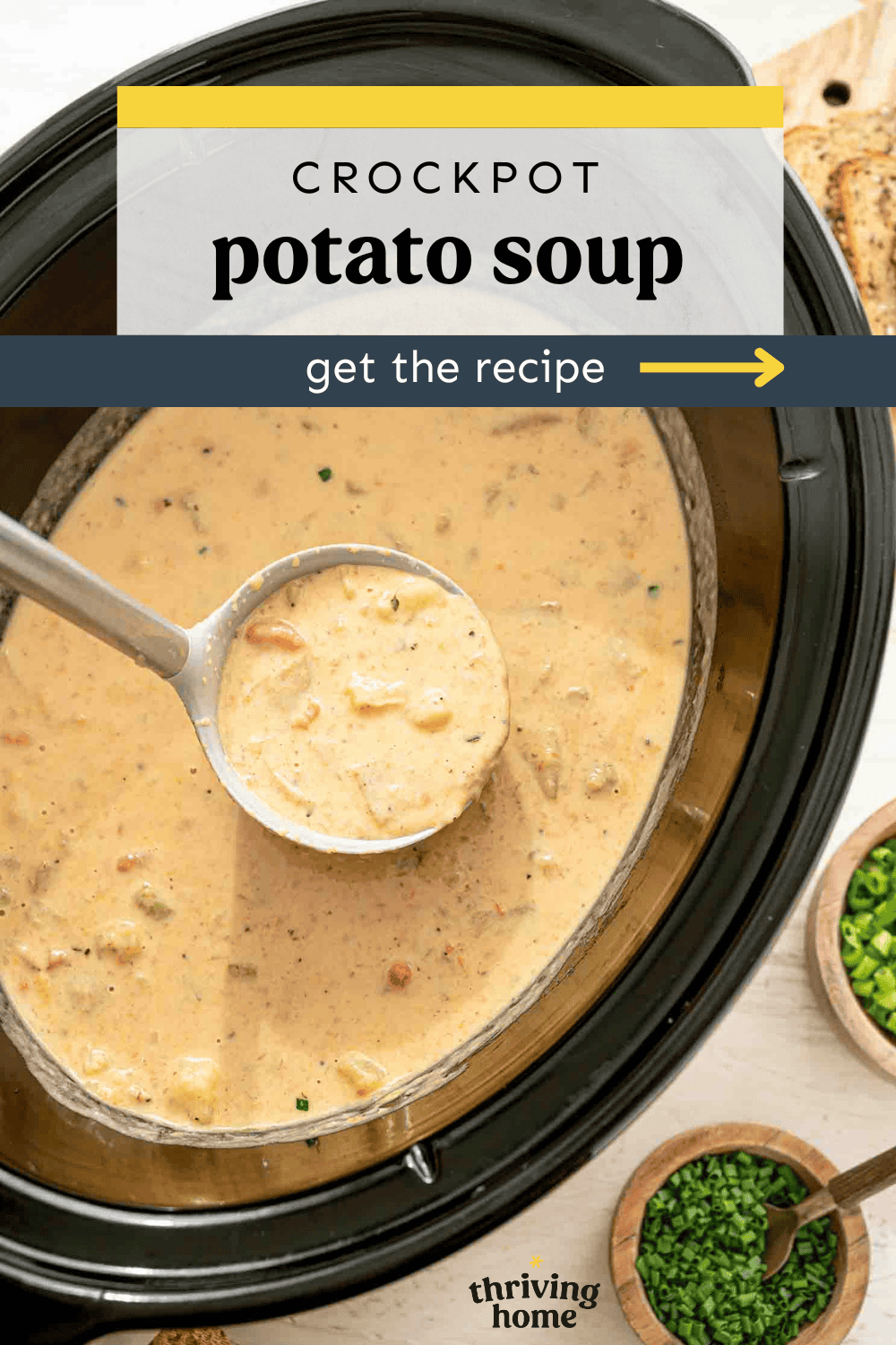 A ladle serving potato soup out of a crockpot.