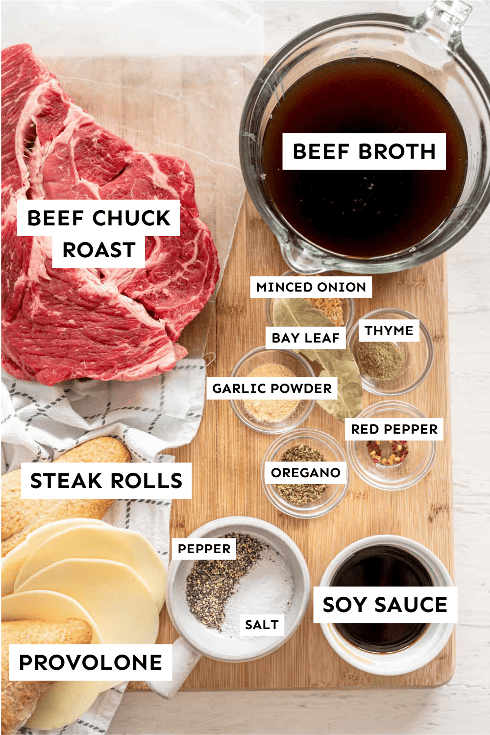 Labeled ingredients for crockpot french dip sandwiches