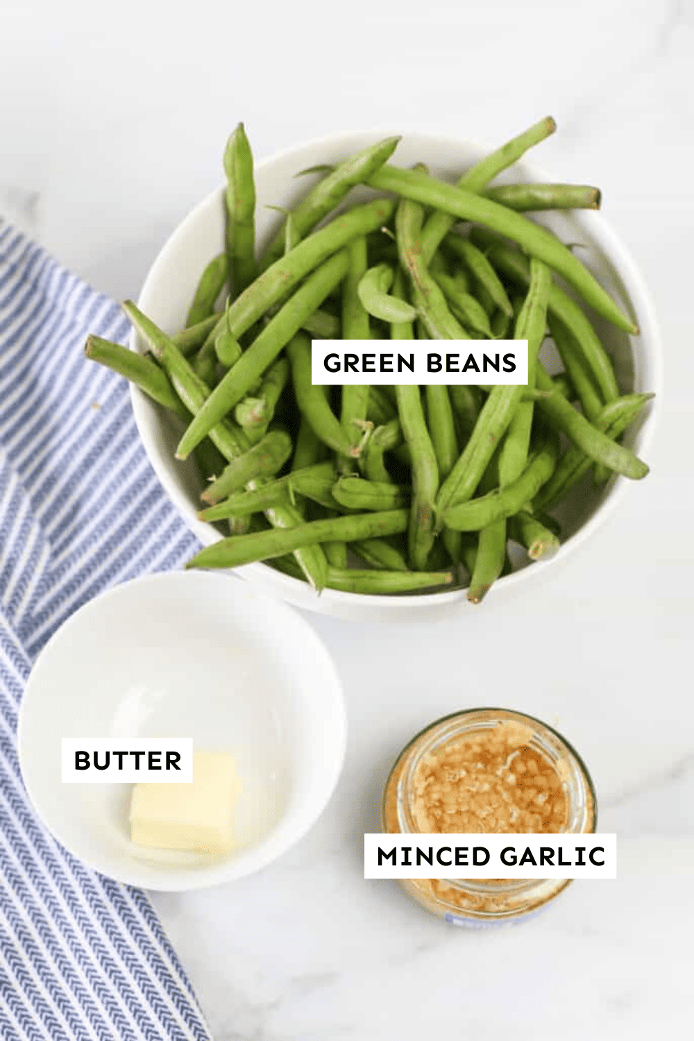 Garlicky Green Bean ingredients measured in bowls and labeled.