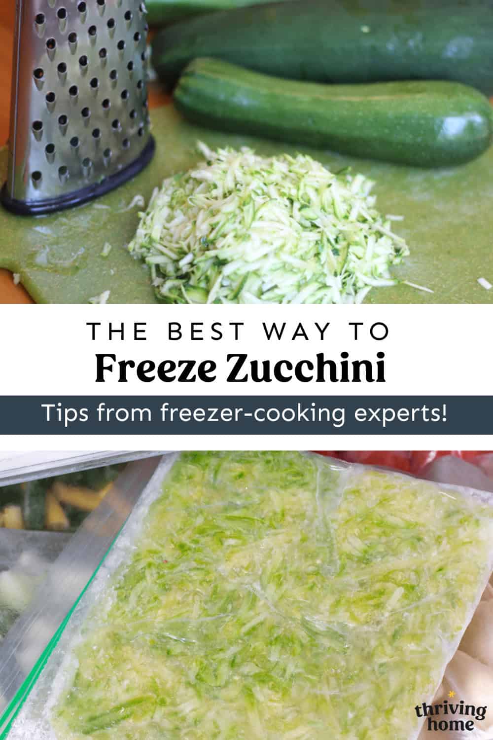 Shredded zucchini on a cutting board and then more in a freezer bag.