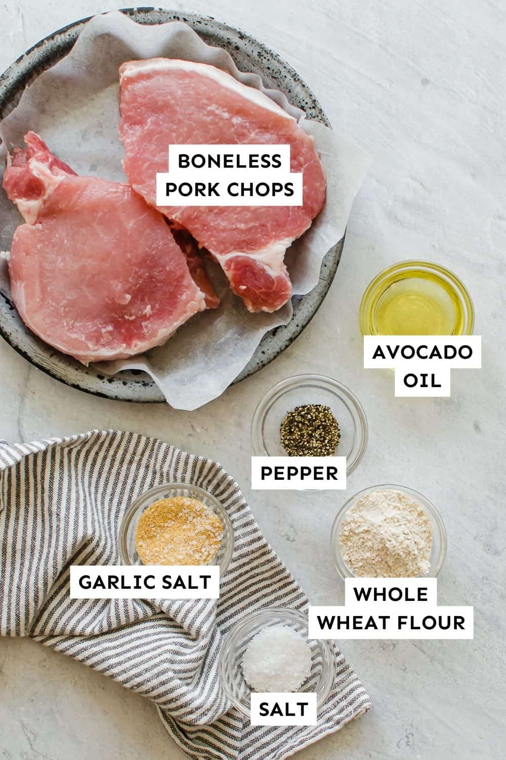 Labeled ingredients for pan seared pork chops.