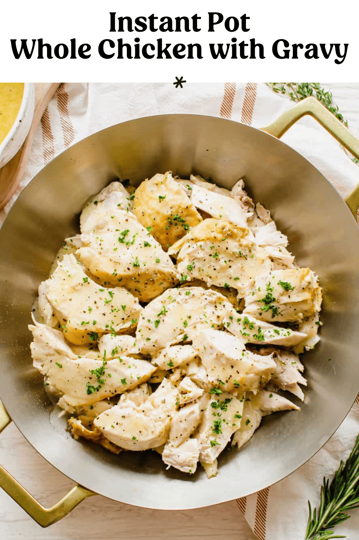 Serving bowl with pieces of an Instant Pot whole chicken.