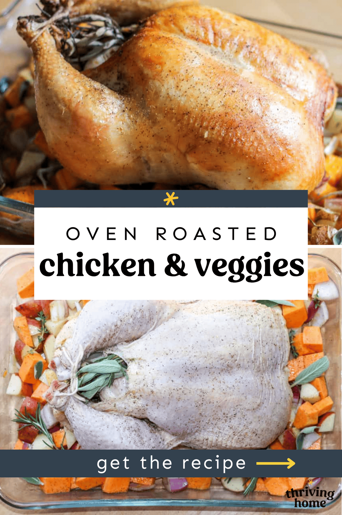 Raw whole chicken & veggies in a baking dish and another photo with the chicken and veggies roasted.