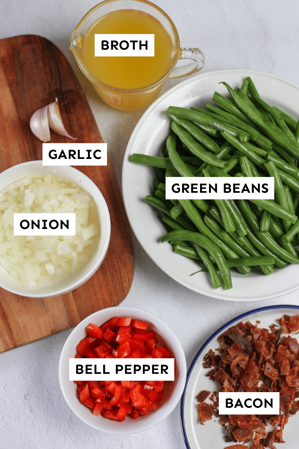 Labeled ingredients for skillet green beans.