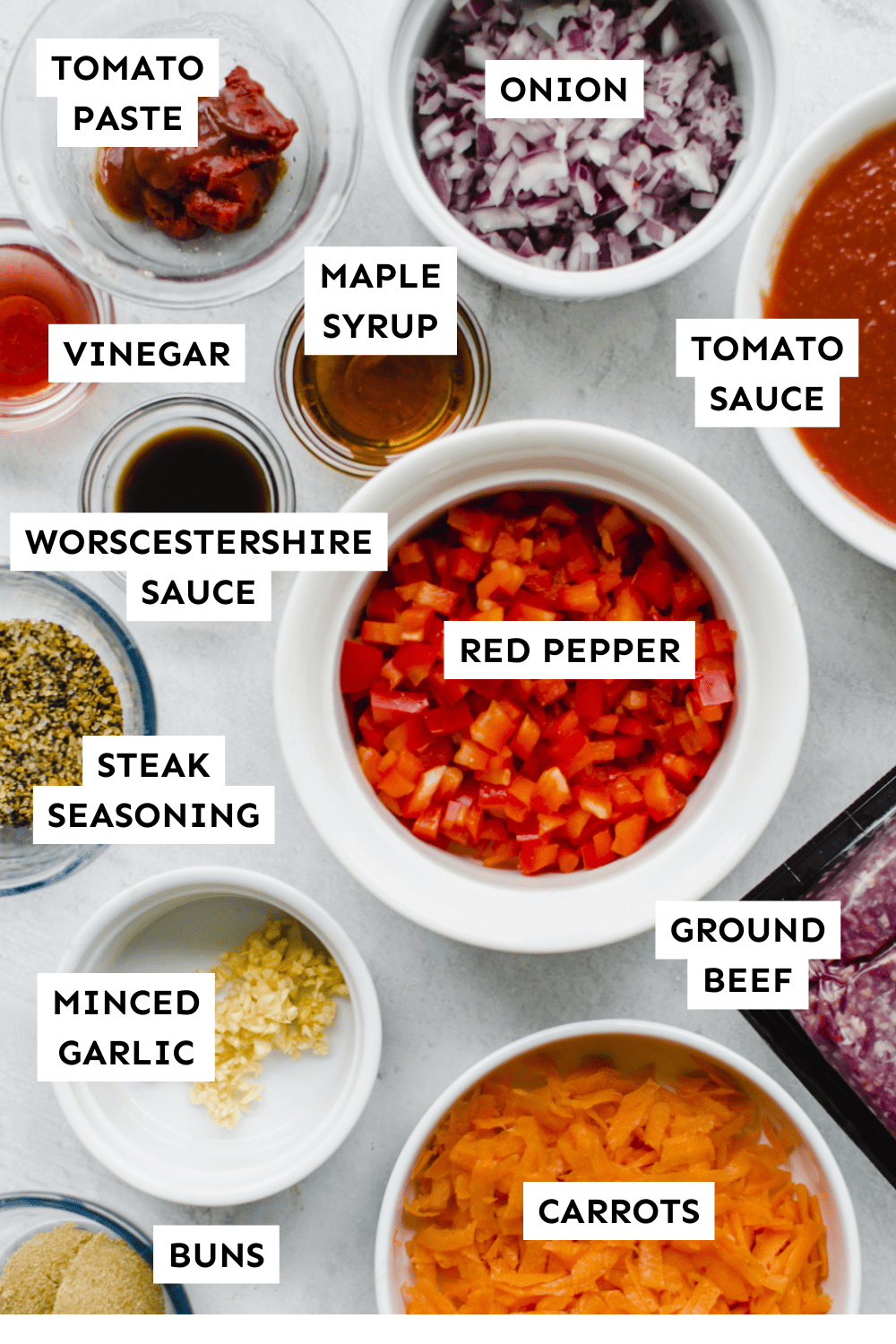 Labeled ingredients for healthy sloppy joe recipe. 