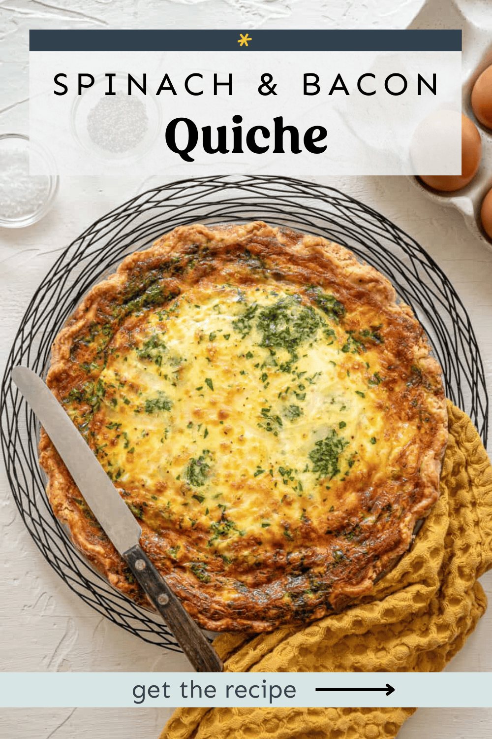 Spinach Bacon Quiche with fresh chopped parsley on top.