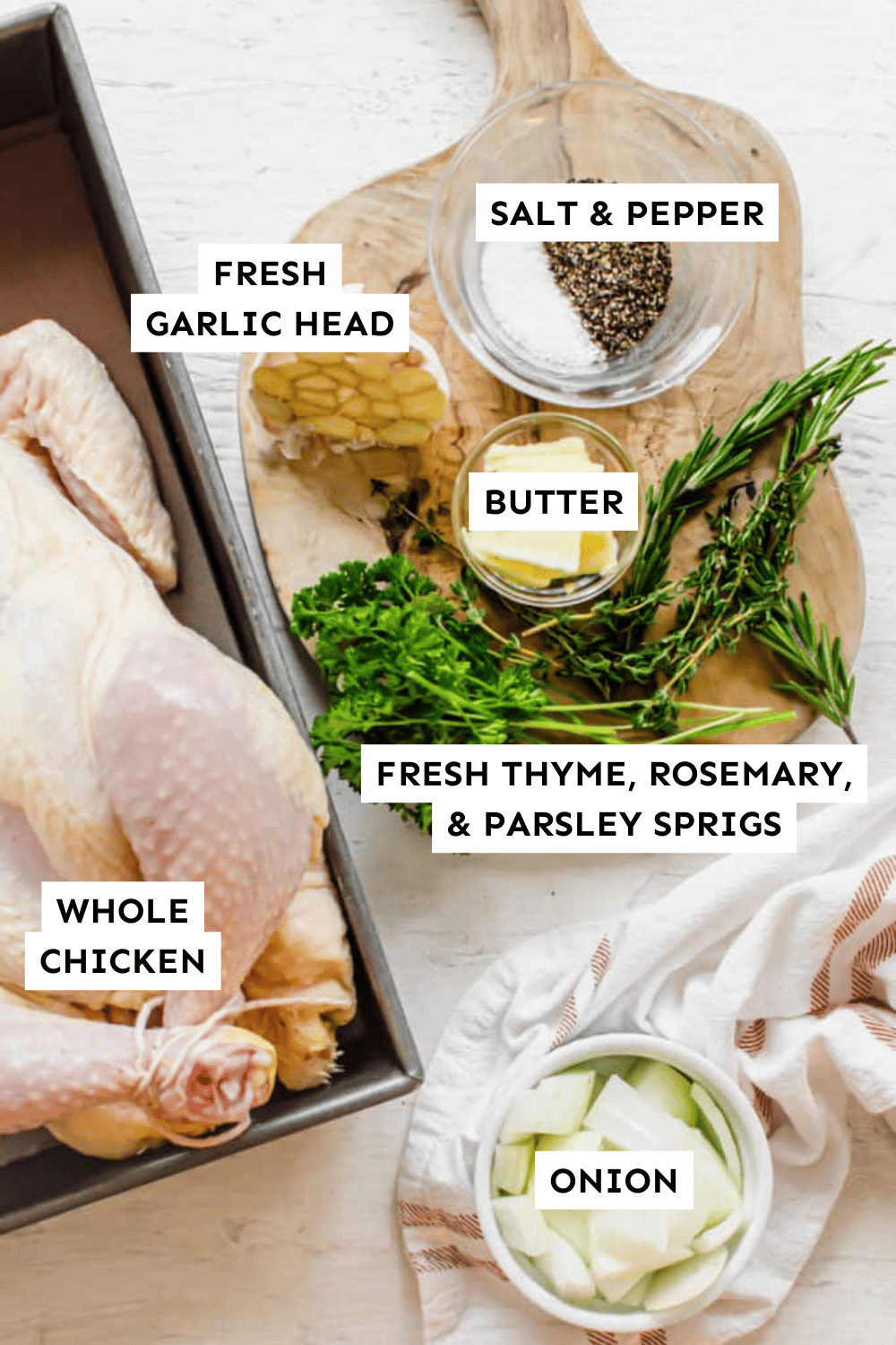 Ingredients for cooking a whole chicken in the Slow Cooker, laid out on a counter and labeled.