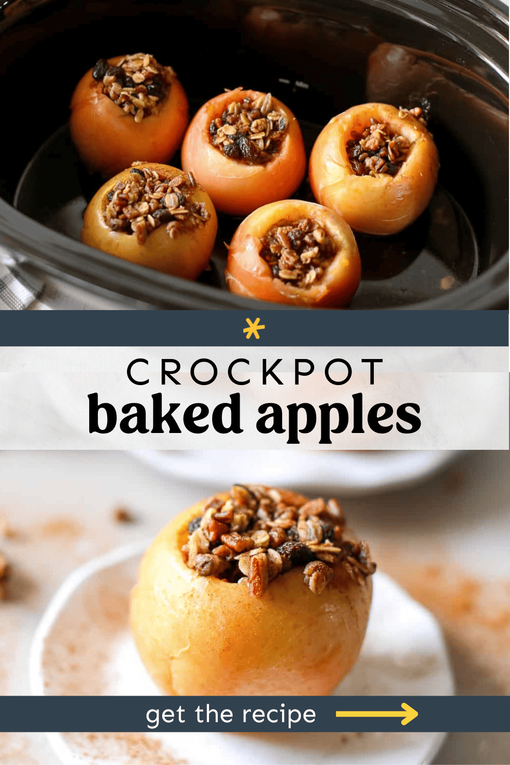 Cored apples in a crockpot with sugar and oats in the middle as well as a finished  baked apple on a plate.