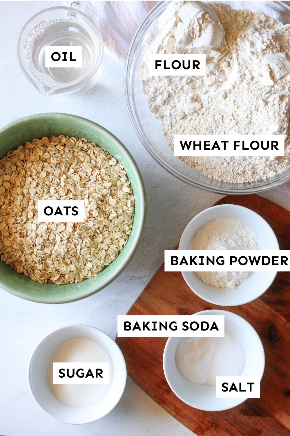 Labeled ingredients for oatmeal pancake mix. 