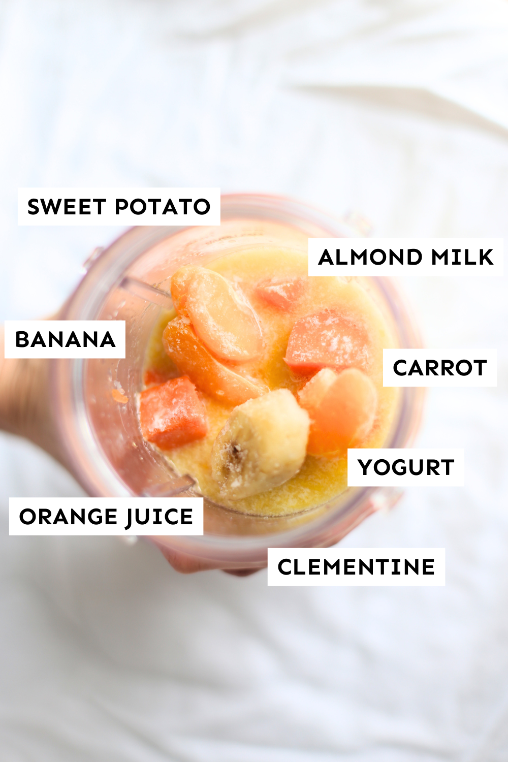 Labeled ingredients for orange smoothie.