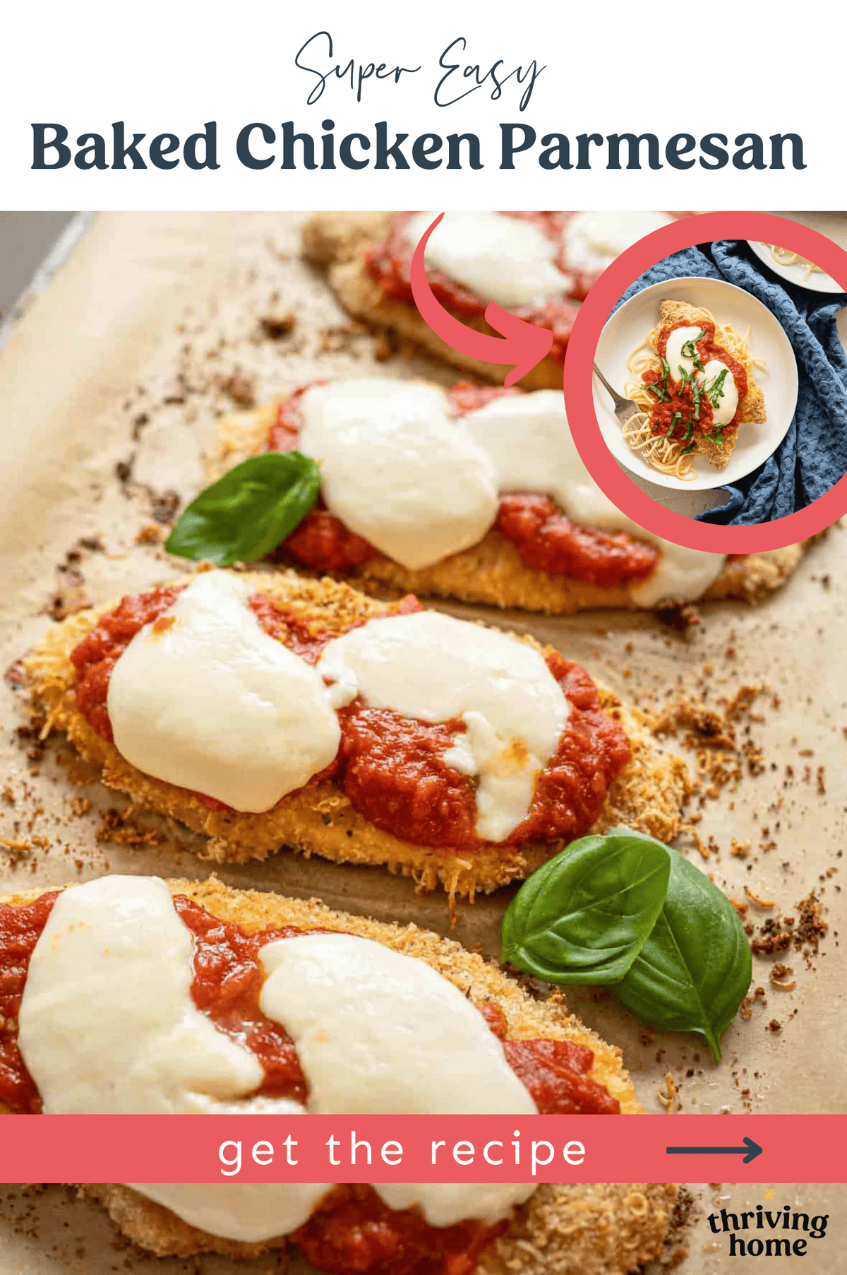 Baked chicken Parmesan cutlets on a baking sheet to serve.