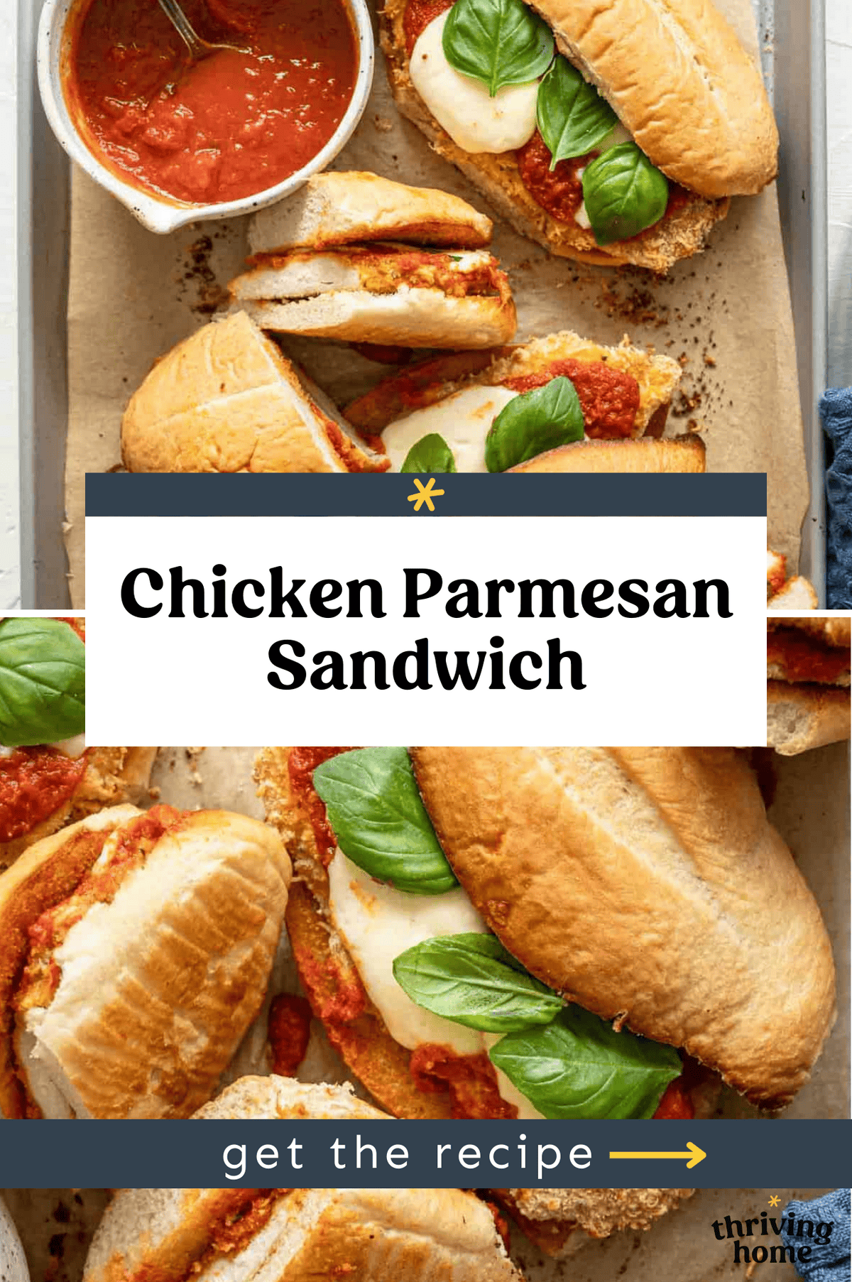 Chicken Parmesan sandwiches on a baking sheet to serve.