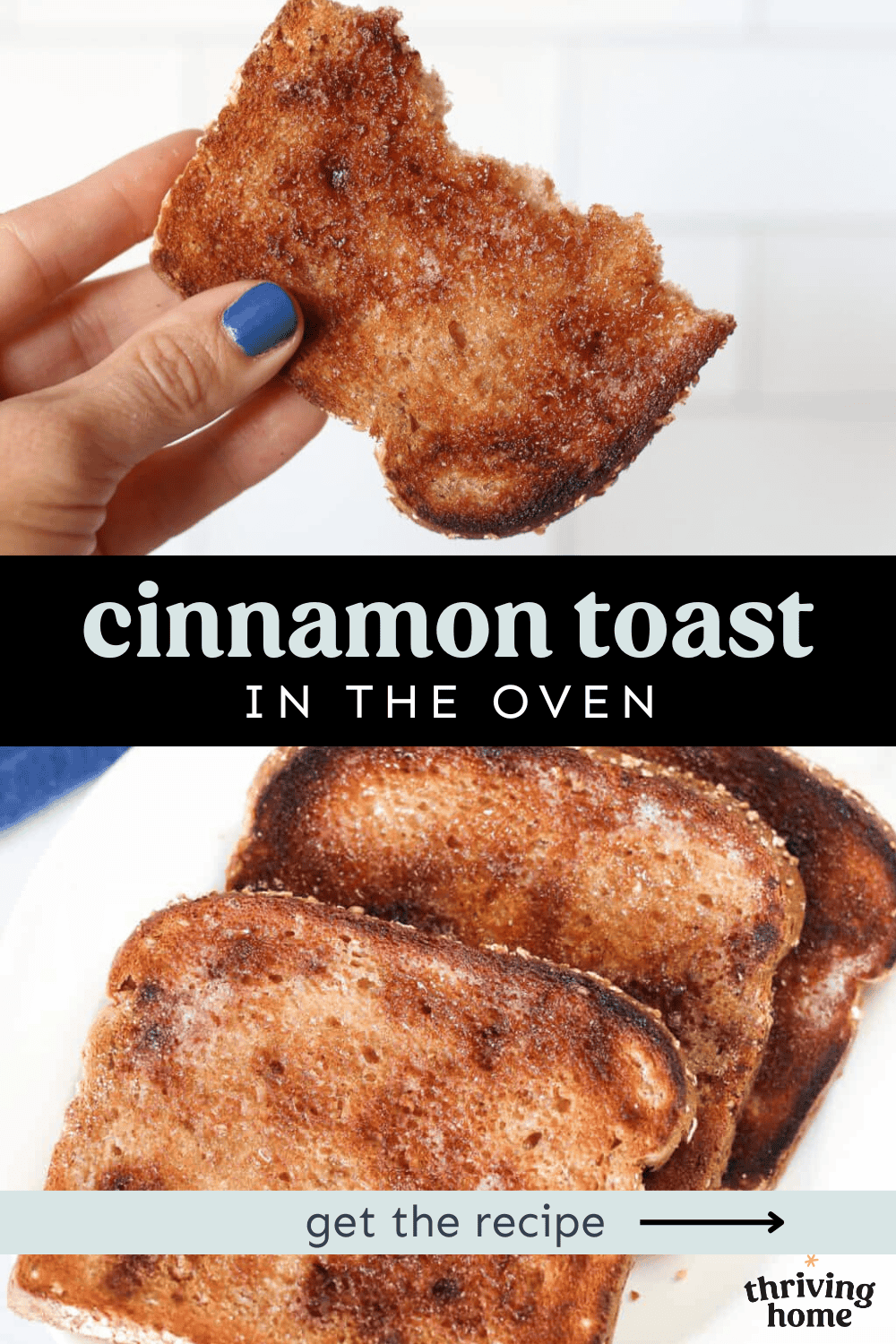 Three pieces of cinnamon toast on a plate and above that is a hand holding a piece with bites taken out of it.